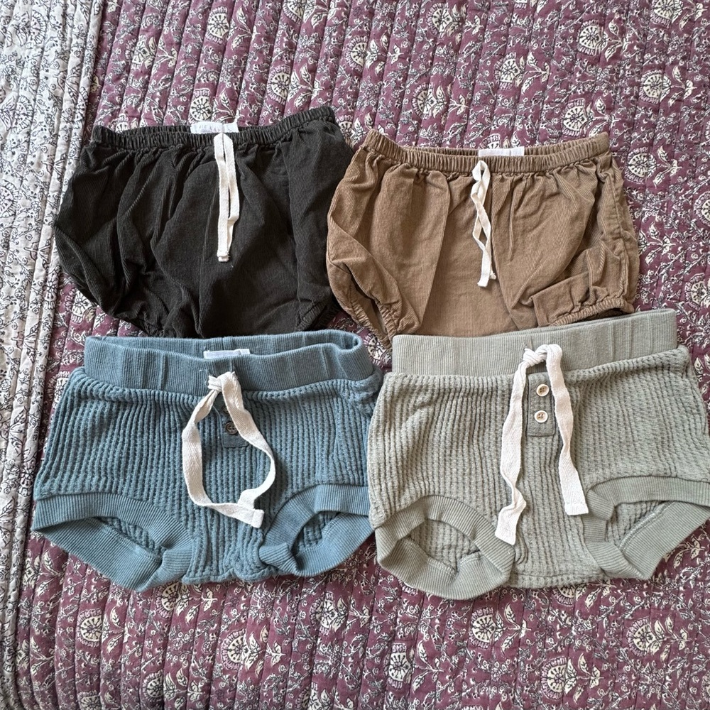Jamie Kay 3Y 100% organic Cotton Shorts forest&tan corduroy Blue&Lt Green waffle